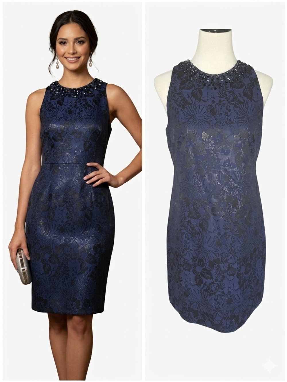 Elegant Navy Blue Sleeveless Dress Maggy London Beaded Neckline Women's Size 6